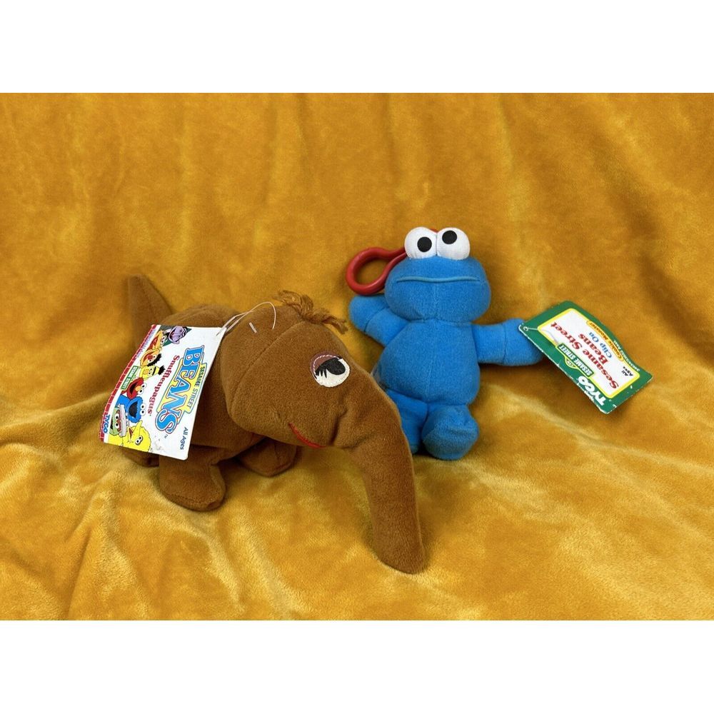 Vintage TYCO Lot 2 Sesame Street Snuffleupagus & Cookie Monster Plush Toy W/ Tag